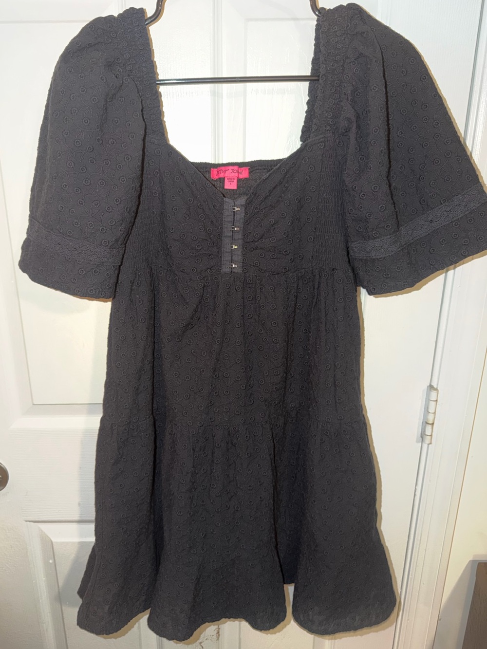 Betsey Johnson Black Eyelet Puff Sleeve Mini Dress
